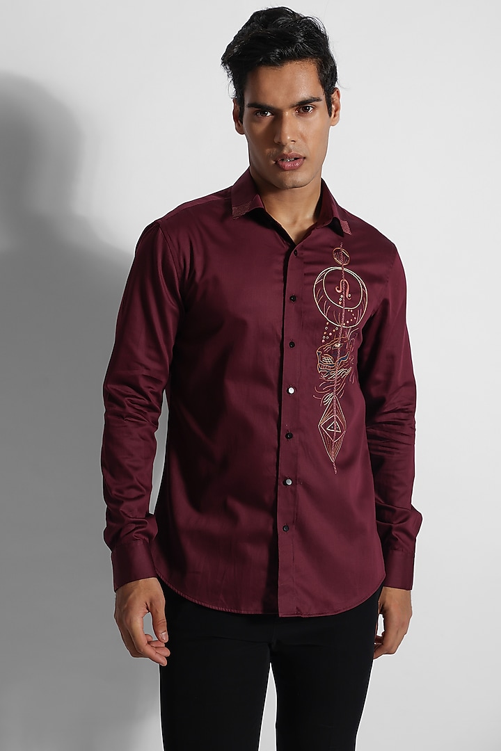 Wine Giza Cotton Thread Embroidered Shirt by PAARSH at Pernia's Pop Up Shop