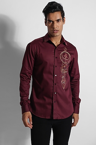 Wine Giza Cotton Thread Embroidered Shirt by PAARSH