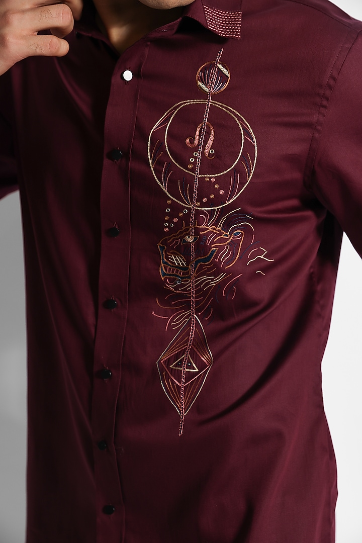 Wine Giza Cotton Thread Embroidered Party Wear Shirt by PAARSH at Pernia's Pop Up Shop