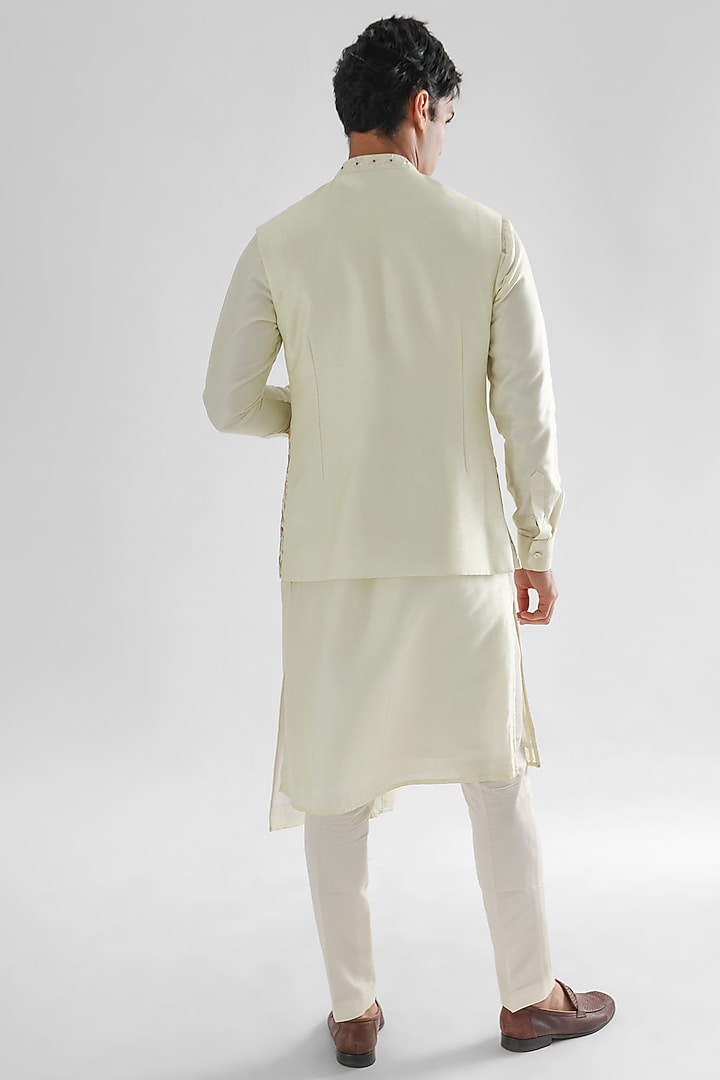 Light Yellow Bamberg Silk Embroidered Nehru Jacket by PAARSH at Pernia's Pop Up Shop