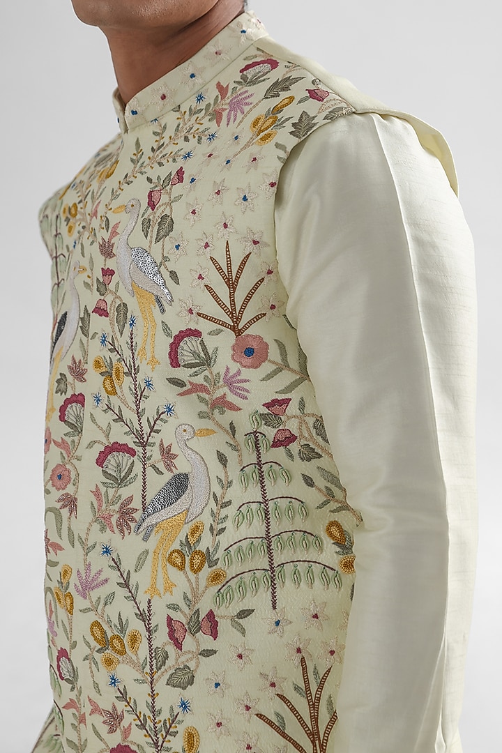 Light Yellow Bamberg Silk Embroidered Nehru Jacket by PAARSH at Pernia's Pop Up Shop