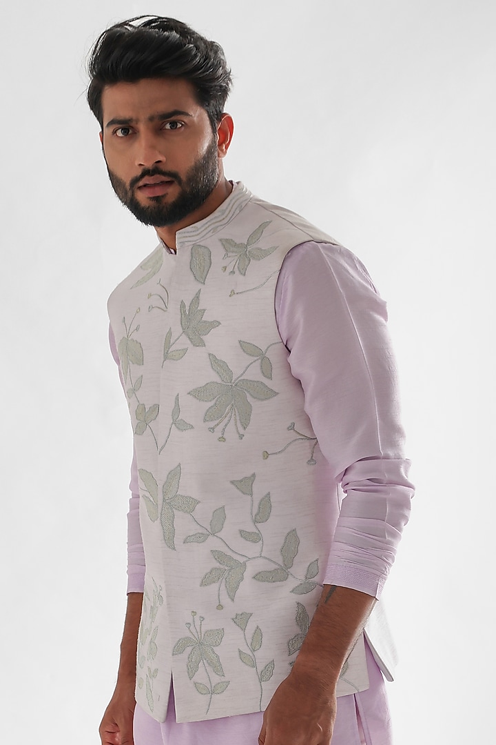 Light Lavender Bamberg Silk Embroidered Nehru Jacket by PAARSH at Pernia's Pop Up Shop