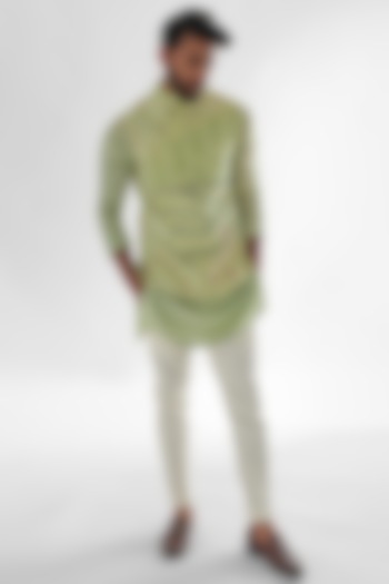 Mint Green Linen Satin Embroidered Nehru Jacket by PAARSH
