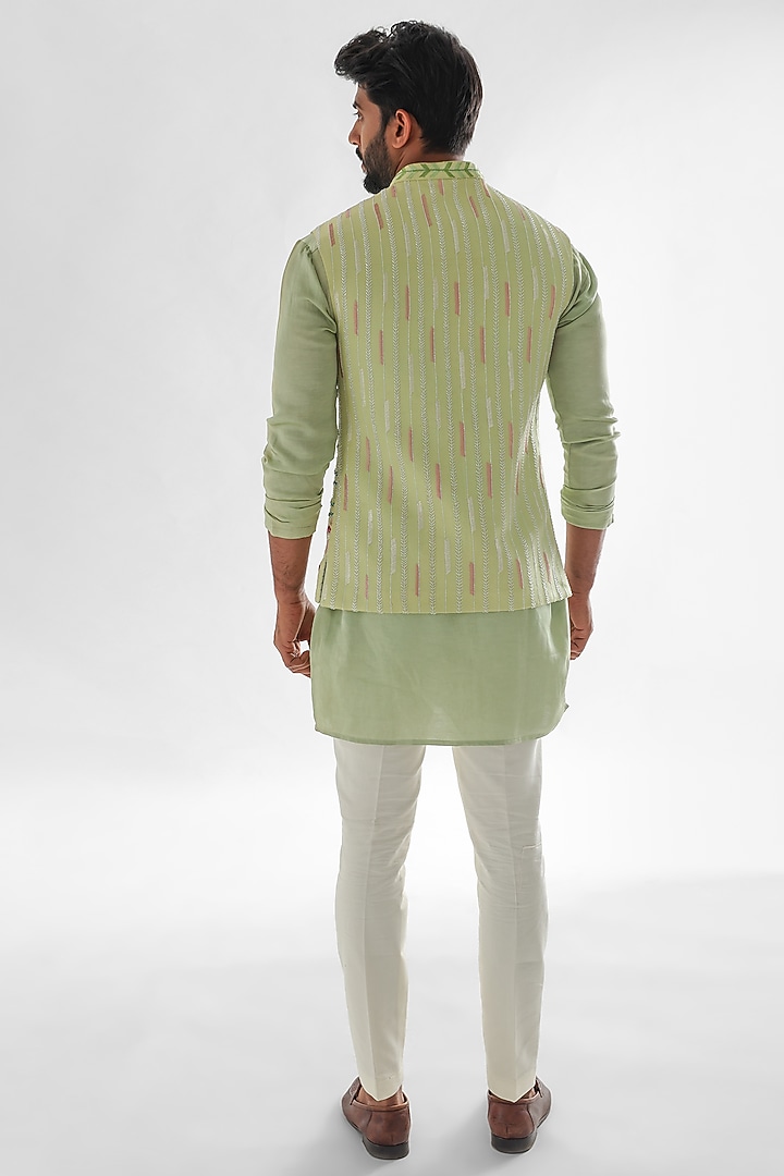 Mint Green Linen Satin Embroidered Nehru Jacket by PAARSH at Pernia's Pop Up Shop