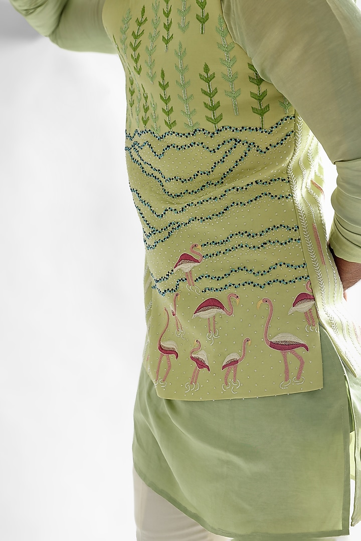 Mint Green Linen Satin Embroidered Nehru Jacket by PAARSH at Pernia's Pop Up Shop