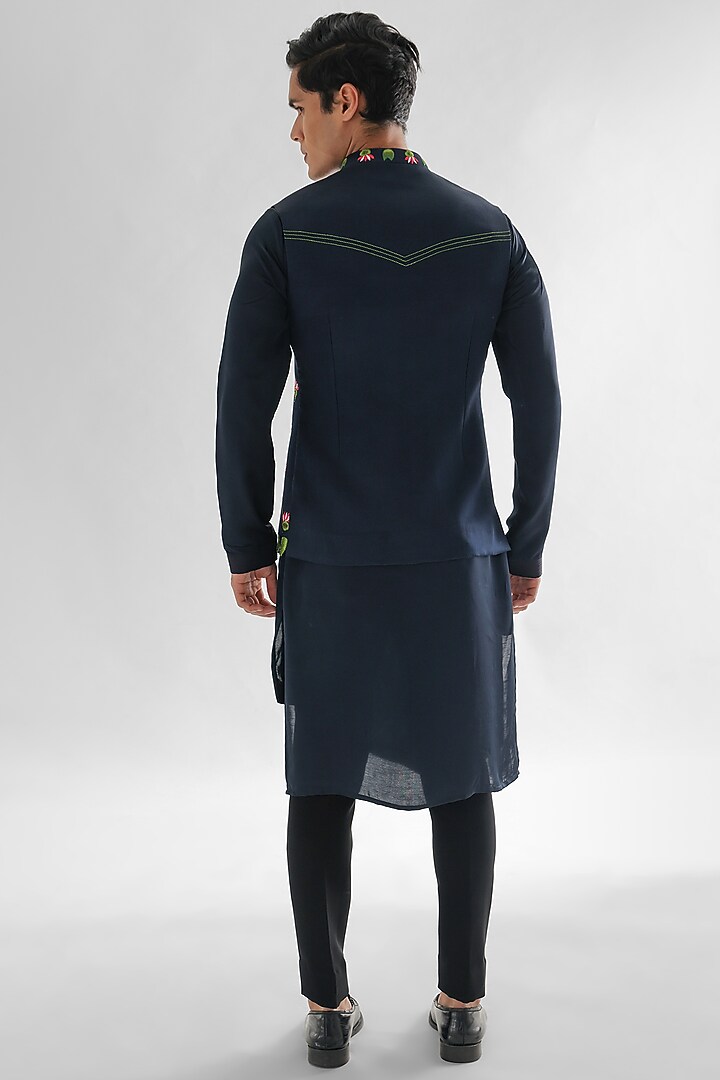 Midnight Blue Modal Satin Embroidered Nehru Jacket by PAARSH at Pernia's Pop Up Shop