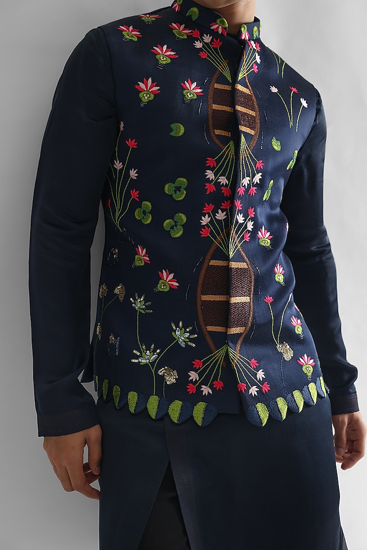 Midnight Blue Modal Satin Embroidered Nehru Jacket by PAARSH at Pernia's Pop Up Shop