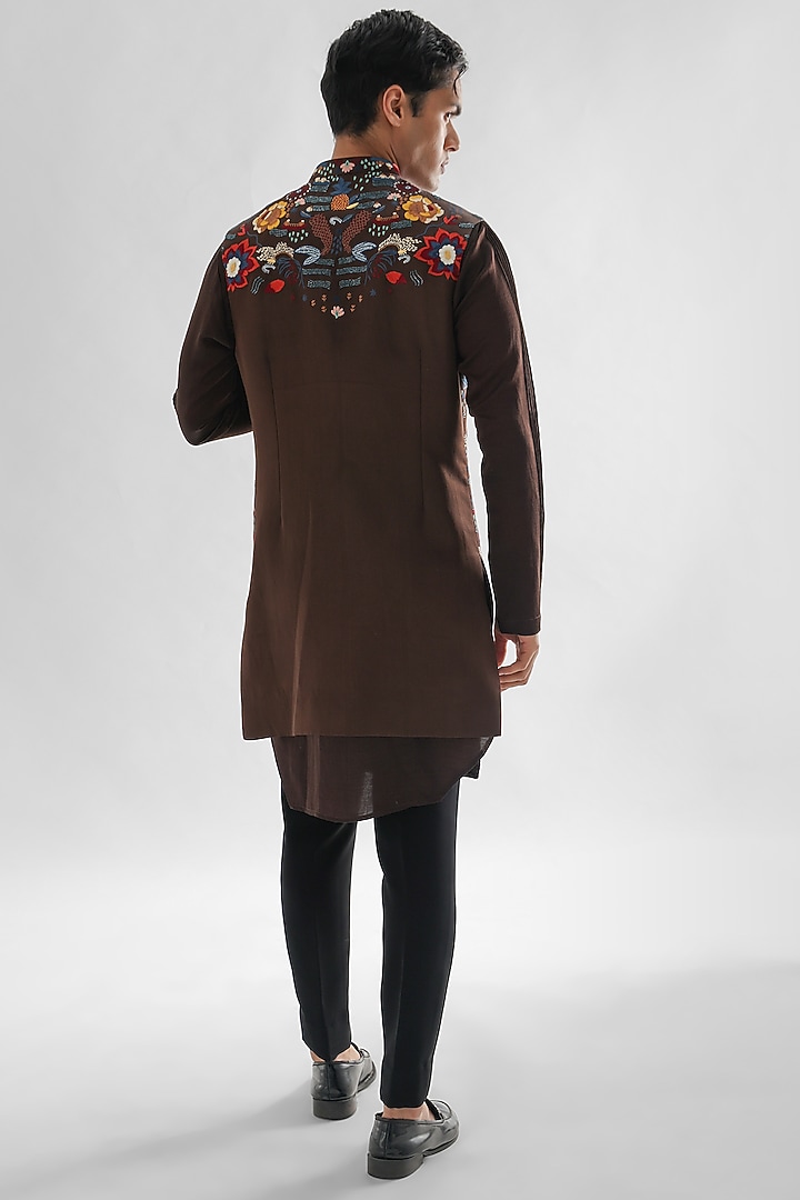 Chocolate Brown Modal Satin Long Nehru Jacket by PAARSH at Pernia's Pop Up Shop