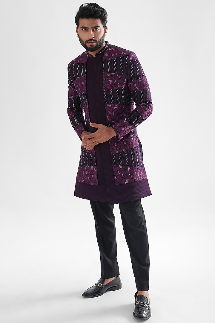 Purple Modal Satin Embroidered Indowestern Set by PAARSH