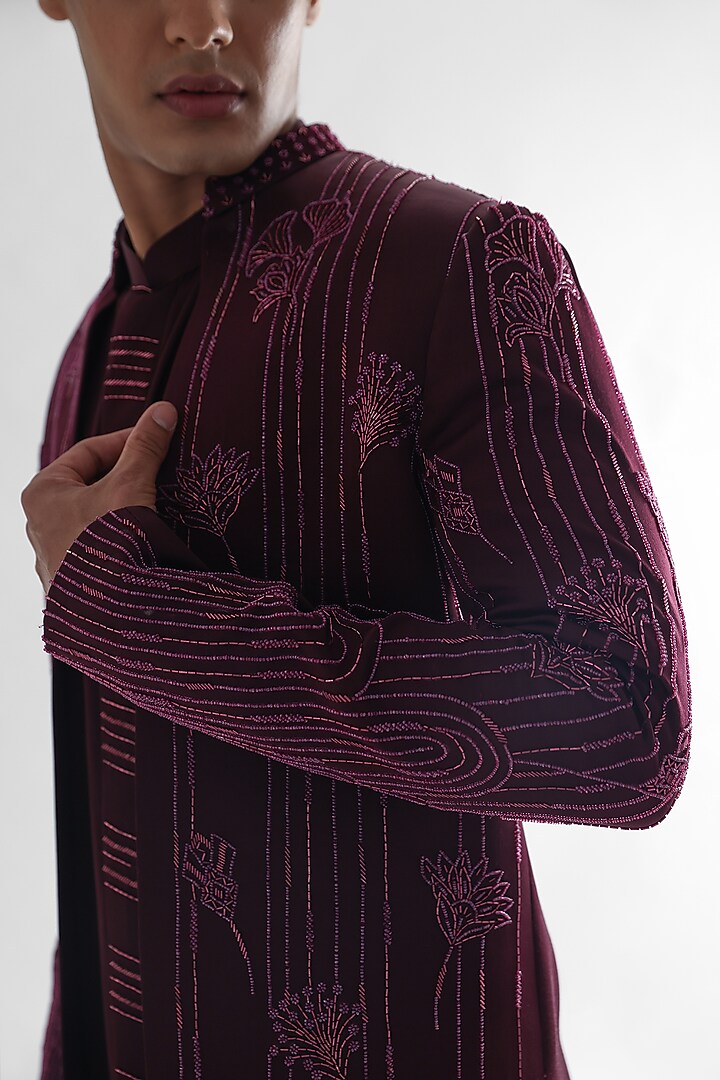 Magenta Modal Satin Embroidered Wedding Indowestern Set by PAARSH at Pernia's Pop Up Shop