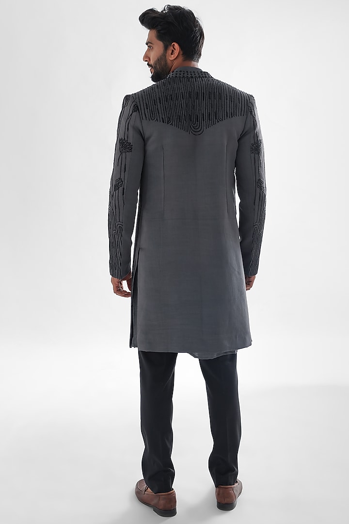 Grey Modal Satin Embroidered Wedding Indowestern Set by PAARSH at Pernia's Pop Up Shop