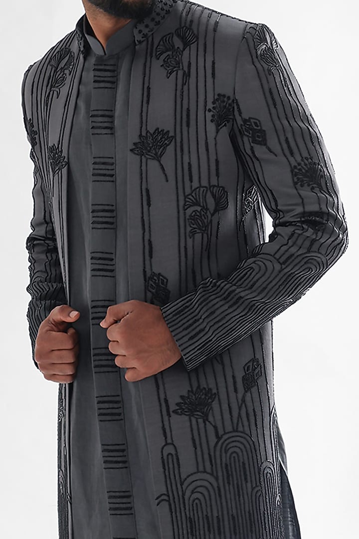Grey Modal Satin Embroidered Wedding Indowestern Set by PAARSH at Pernia's Pop Up Shop