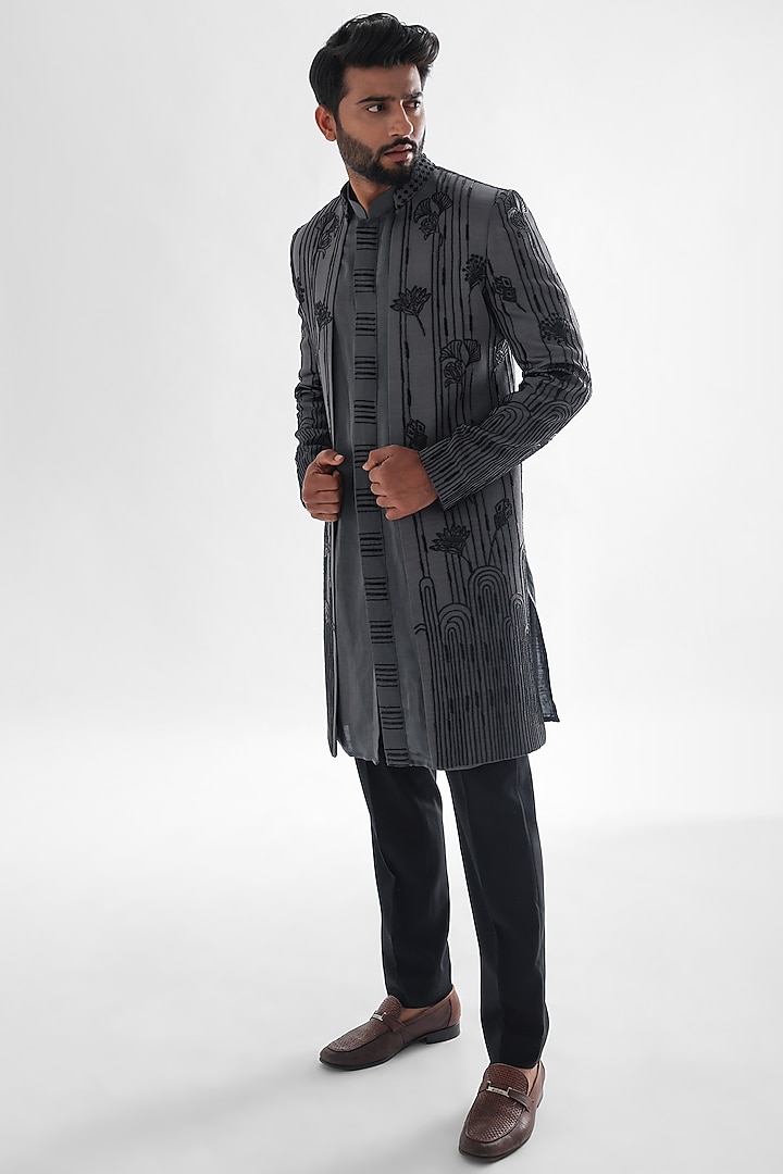 Grey Modal Satin Embroidered Wedding Indowestern Set by PAARSH at Pernia's Pop Up Shop