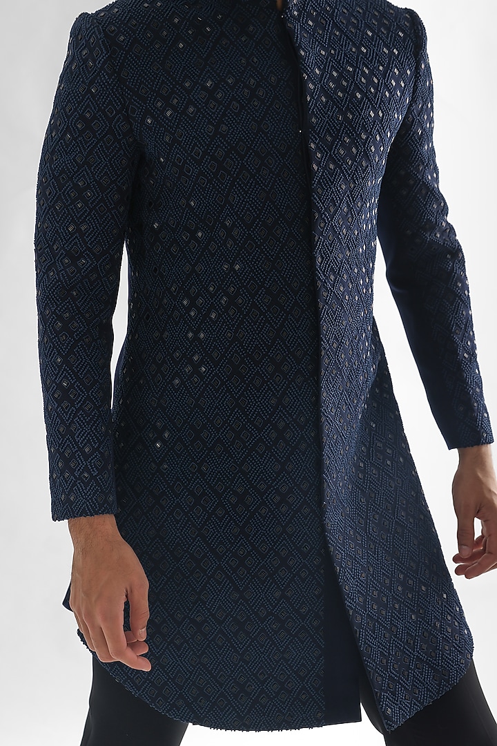 Navy Blue Terrycot Embroidered Wedding Sherwani Set by PAARSH at Pernia's Pop Up Shop