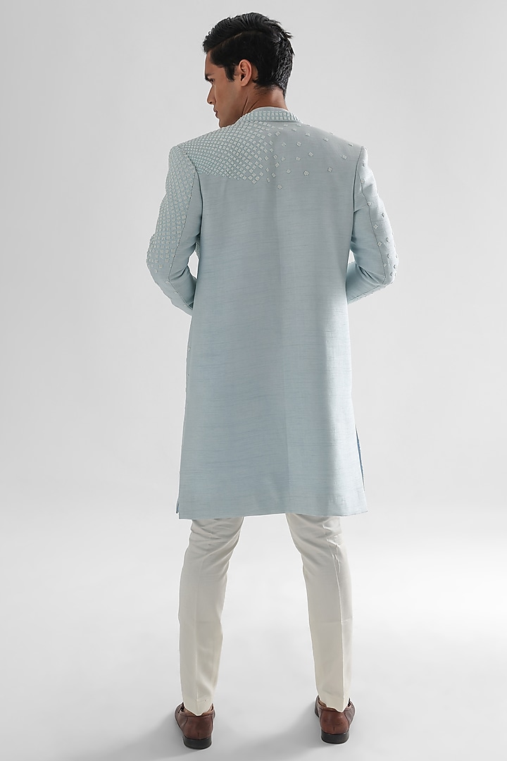 Pastel Blue Bamberg Silk Embroidered Wedding Indowestern Set by PAARSH at Pernia's Pop Up Shop