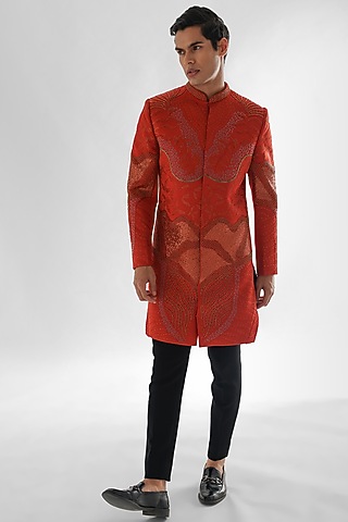 Rust Modal Satin Embroidered Sherwani Set by PAARSH