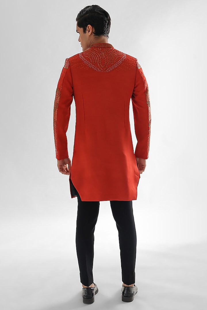 Rust Modal Satin Embroidered Wedding Sherwani Set by PAARSH at Pernia's Pop Up Shop