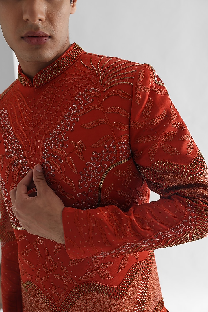 Rust Modal Satin Embroidered Wedding Sherwani Set by PAARSH at Pernia's Pop Up Shop