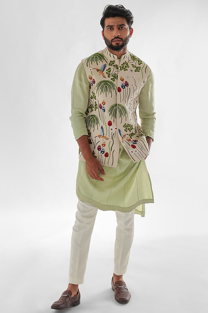 Cream Linen Satin Embroidered Nehru Jacket Set by PAARSH