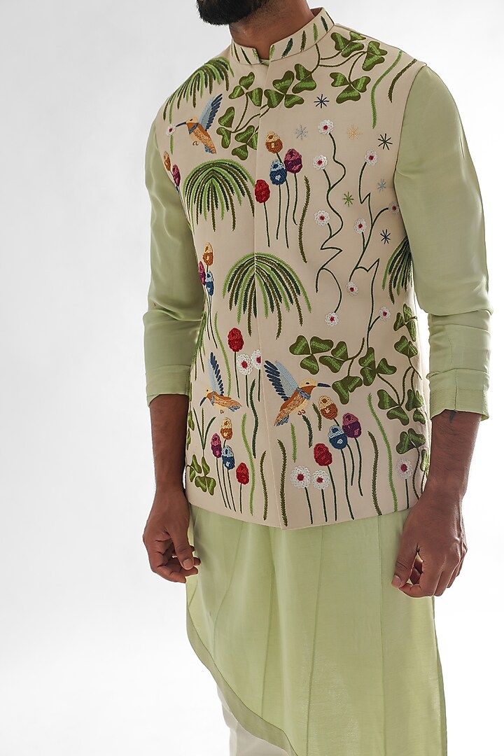 Cream Linen Satin Embroidered Nehru Jacket Set by PAARSH at Pernia's Pop Up Shop