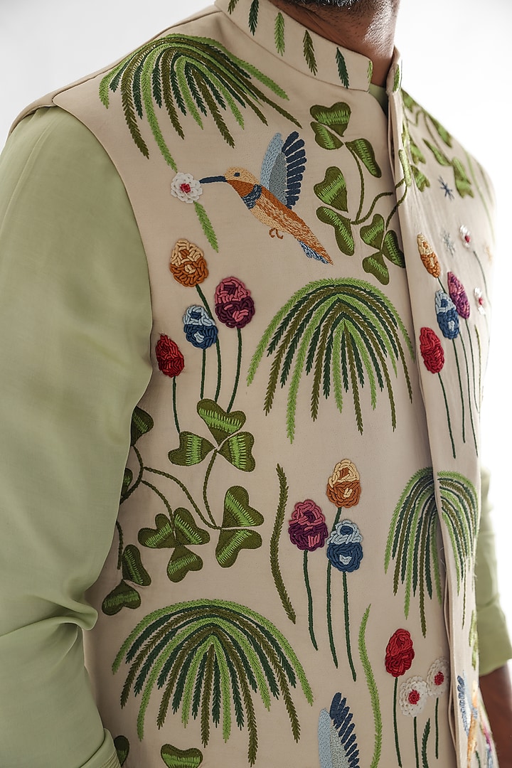 Cream Linen Satin Embroidered Nehru Jacket Set by PAARSH at Pernia's Pop Up Shop