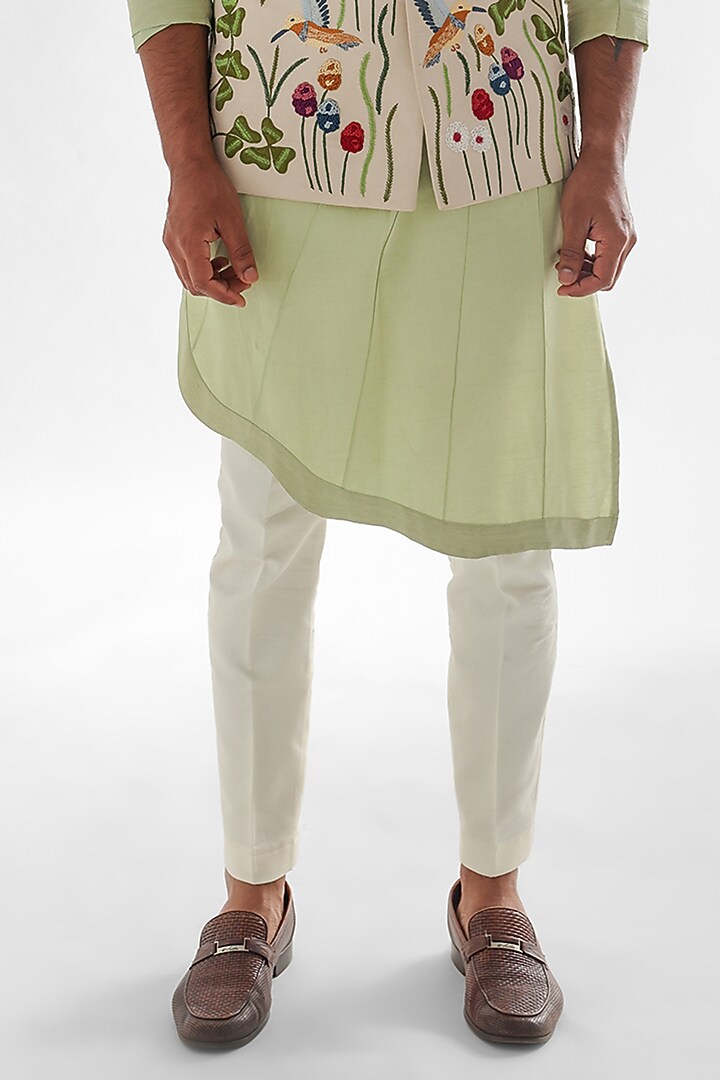 Cream Linen Satin Embroidered Nehru Jacket Set by PAARSH at Pernia's Pop Up Shop