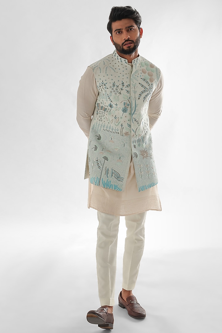 Light Blue Bam Silk Embroidered Nehru Jacket Set by PAARSH