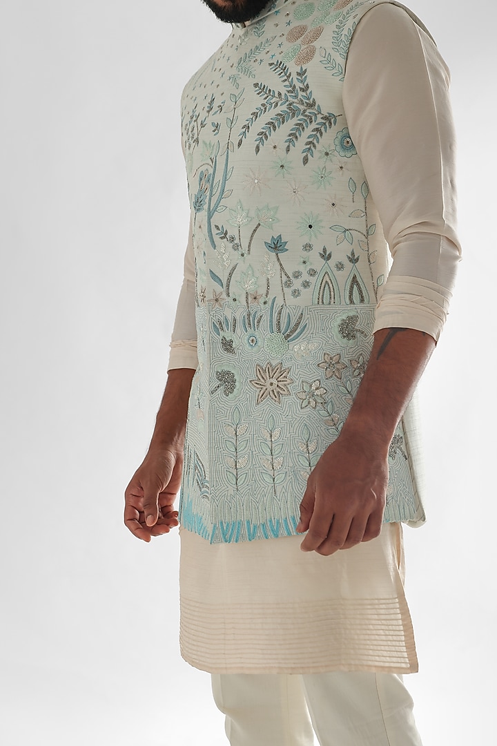 Light Blue Bam Silk Embroidered Nehru Jacket Set by PAARSH at Pernia's Pop Up Shop