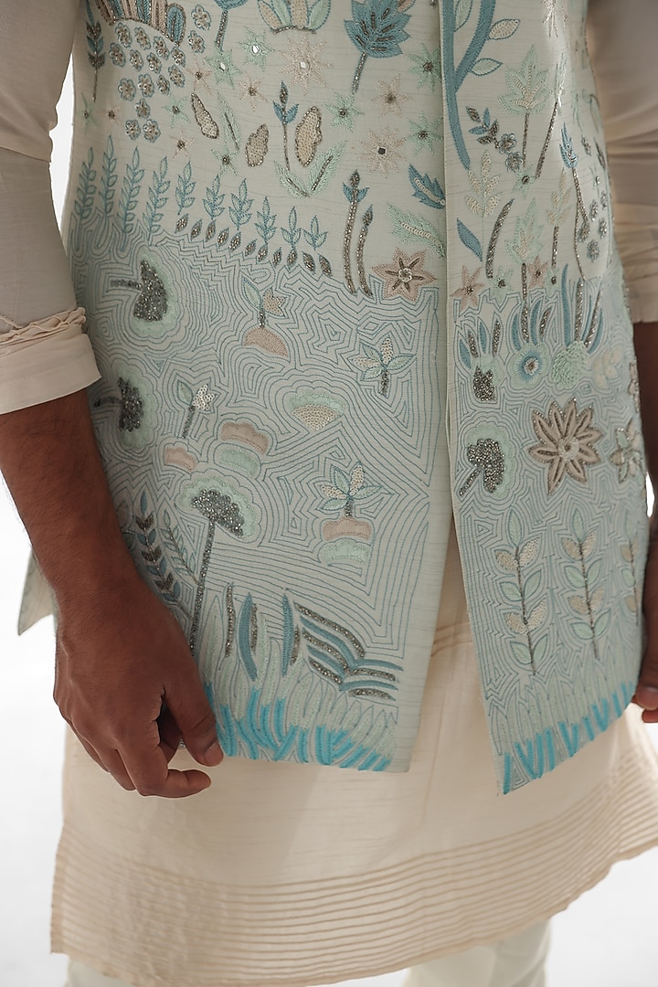 Light Blue Bam Silk Embroidered Nehru Jacket Set by PAARSH at Pernia's Pop Up Shop