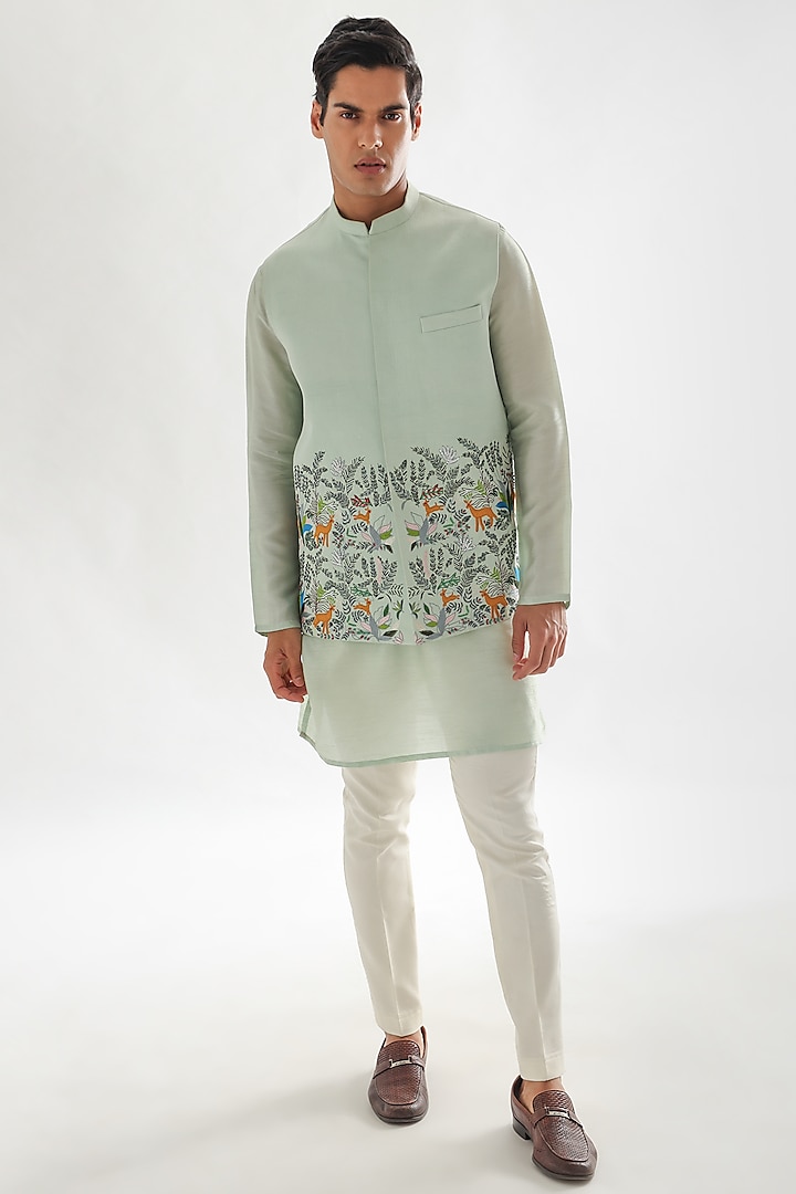 Powder Green Linen Satin Zari Work Nehru Jacket Set by PAARSH