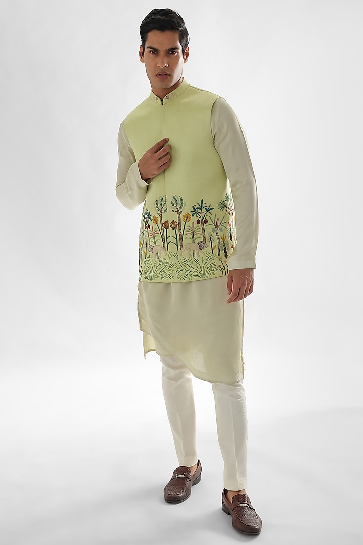 Mint Green Linen Satin Embroidered Nehru Jacket Set by PAARSH