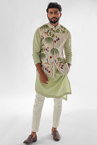 Cream Modal Satin Embroidered Nehru Jacket by PAARSH