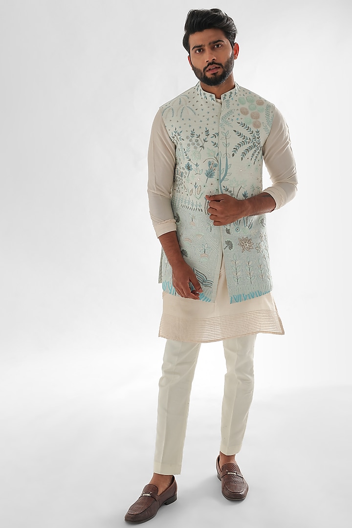 Light Blue Bam Silk Embroidered Nehru Jacket by PAARSH