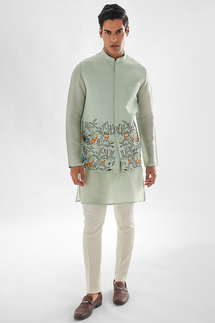 Powder Green Linen Satin Embroidered Nehru Jacket by PAARSH