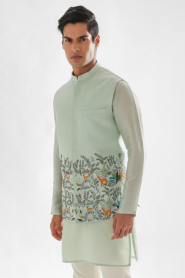 Powder Green Linen Satin Embroidered Nehru Jacket by PAARSH at Pernia's Pop Up Shop