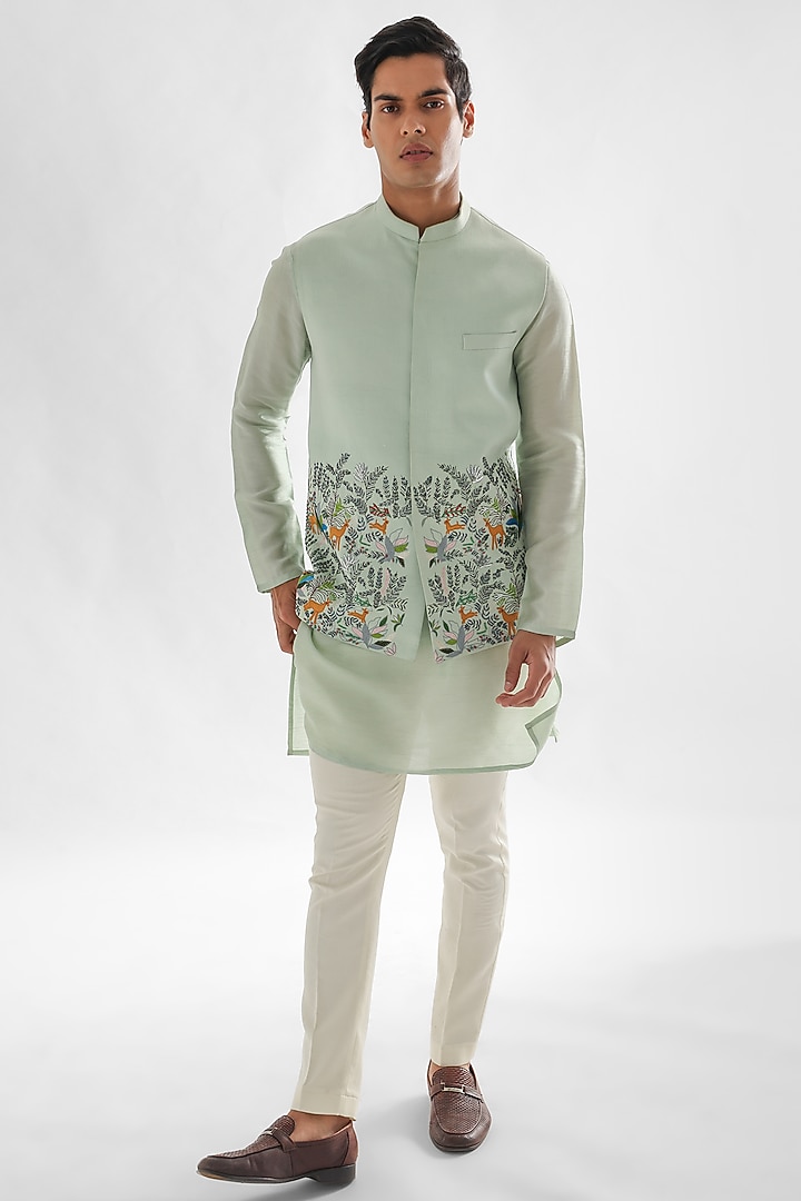 Powder Green Linen Satin Embroidered Nehru Jacket by PAARSH at Pernia's Pop Up Shop