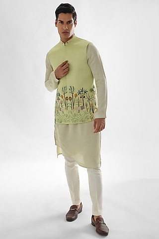Mint Green Linen Satin Embroidered Nehru Jacket by PAARSH