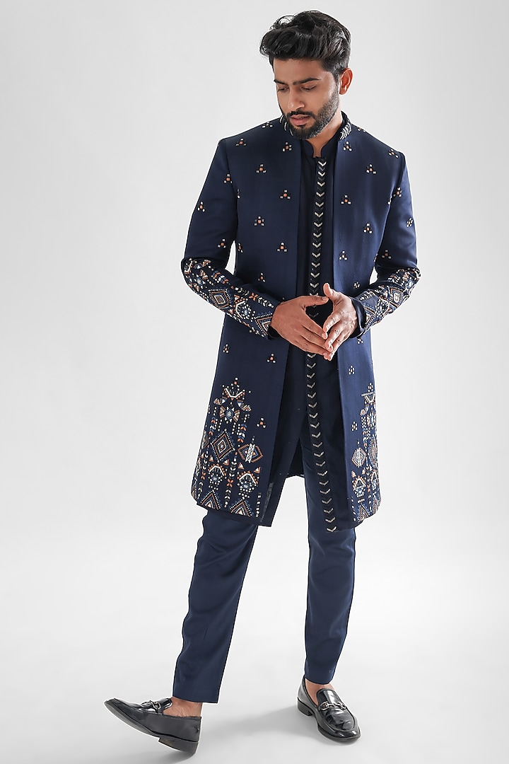 Navy Blue Heavy Modal Satin Embroidered Indowestern Set by PAARSH