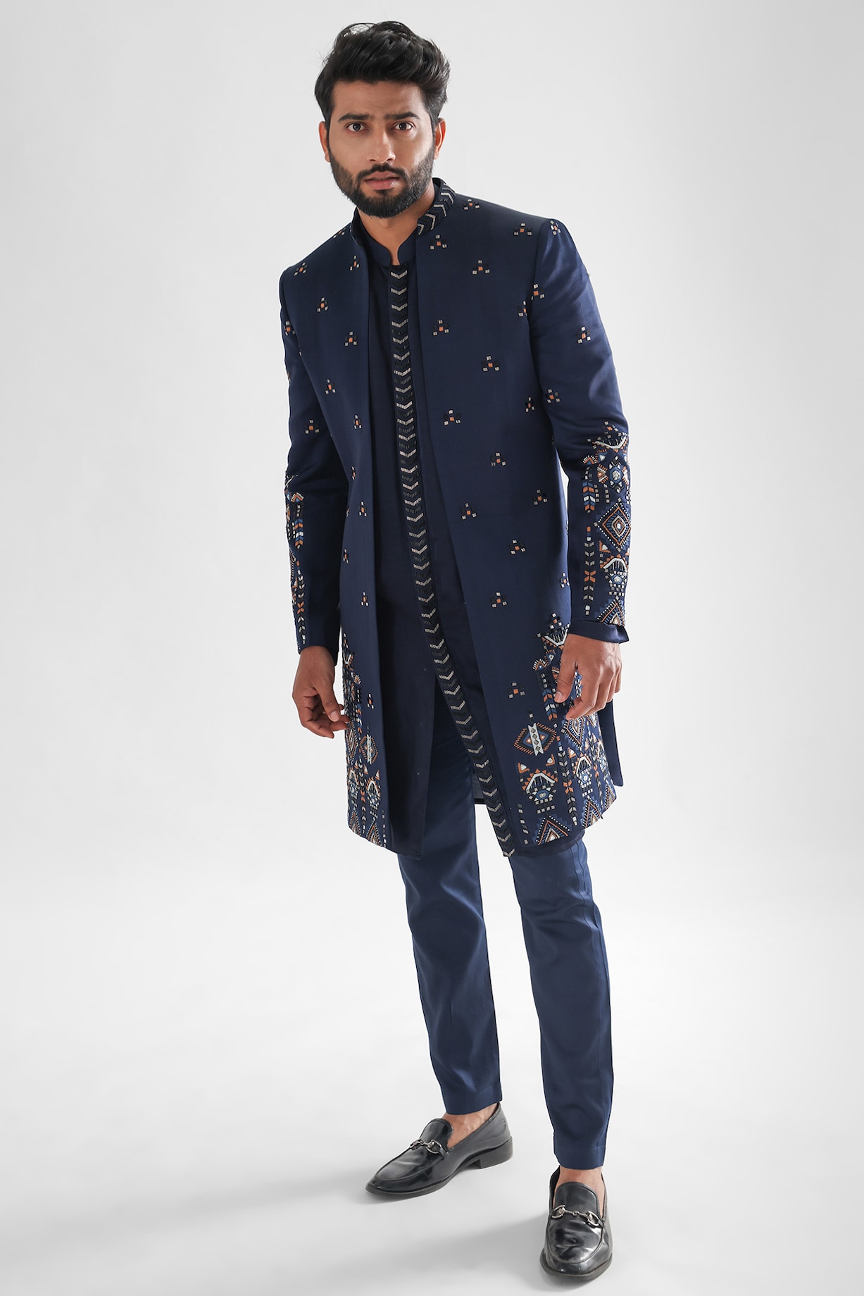 Navy Blue Heavy Modal Satin Embroidered Indowestern Set by PAARSH