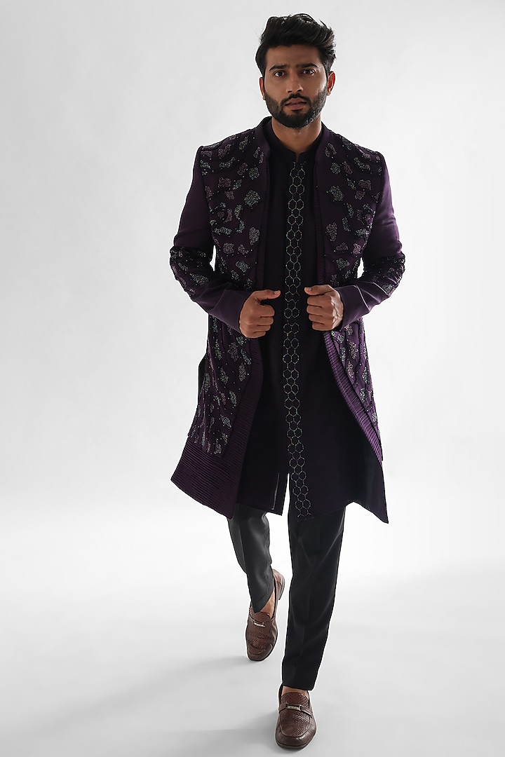 Deep Purple Heavy Modal Satin Embroidered Wedding Indowestern Set by PAARSH at Pernia's Pop Up Shop