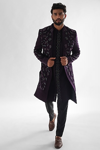 Deep Purple Heavy Modal Satin Embroidered Indowestern Set by PAARSH