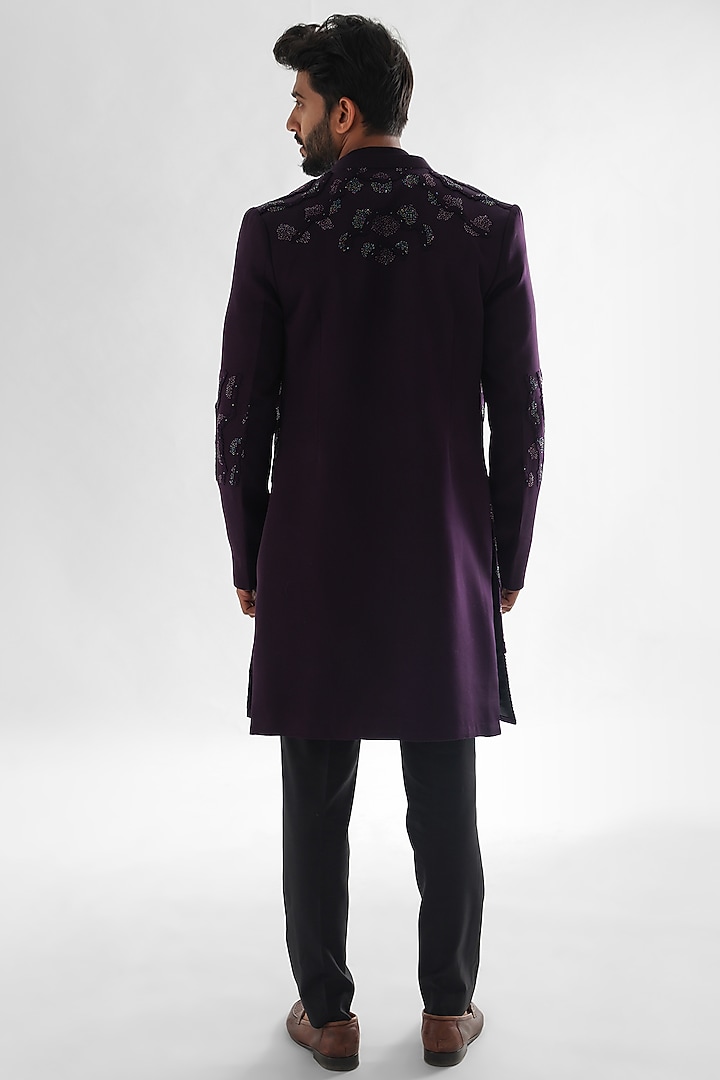 Deep Purple Heavy Modal Satin Embroidered Wedding Indowestern Set by PAARSH at Pernia's Pop Up Shop