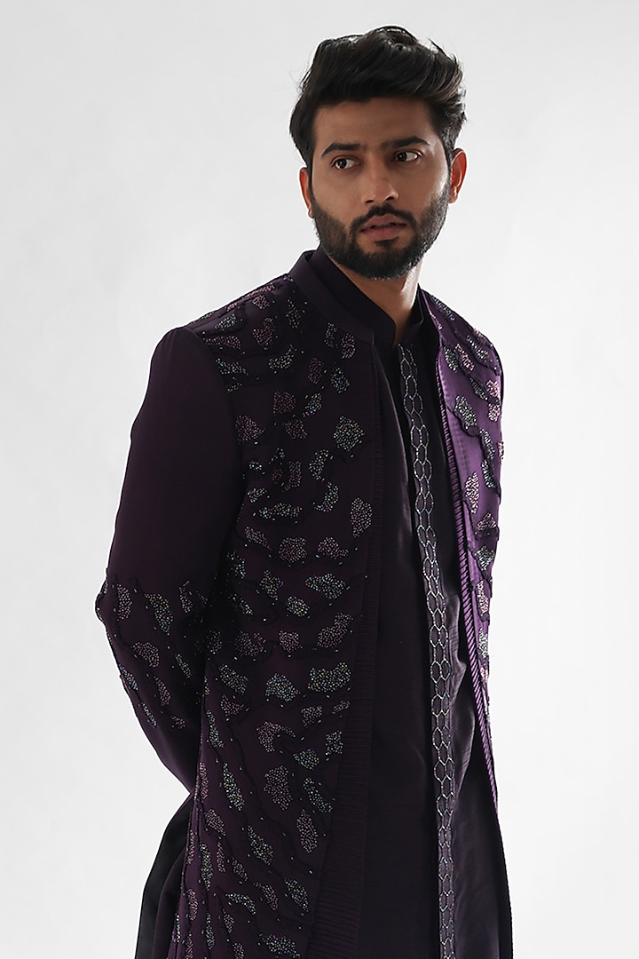 Deep Purple Heavy Modal Satin Embroidered Wedding Indowestern Set by PAARSH at Pernia's Pop Up Shop