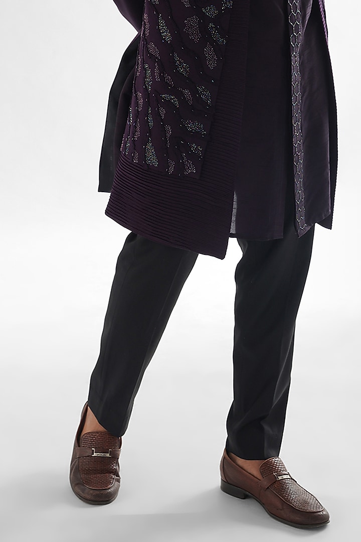 Deep Purple Heavy Modal Satin Embroidered Wedding Indowestern Set by PAARSH at Pernia's Pop Up Shop
