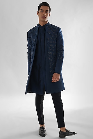 Blue Heavy Modal Satin Embroidered Indowestern Set by PAARSH