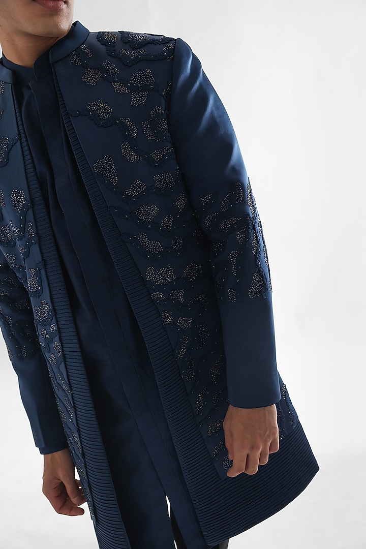Blue Heavy Modal Satin Embroidered Wedding Indowestern Set by PAARSH at Pernia's Pop Up Shop