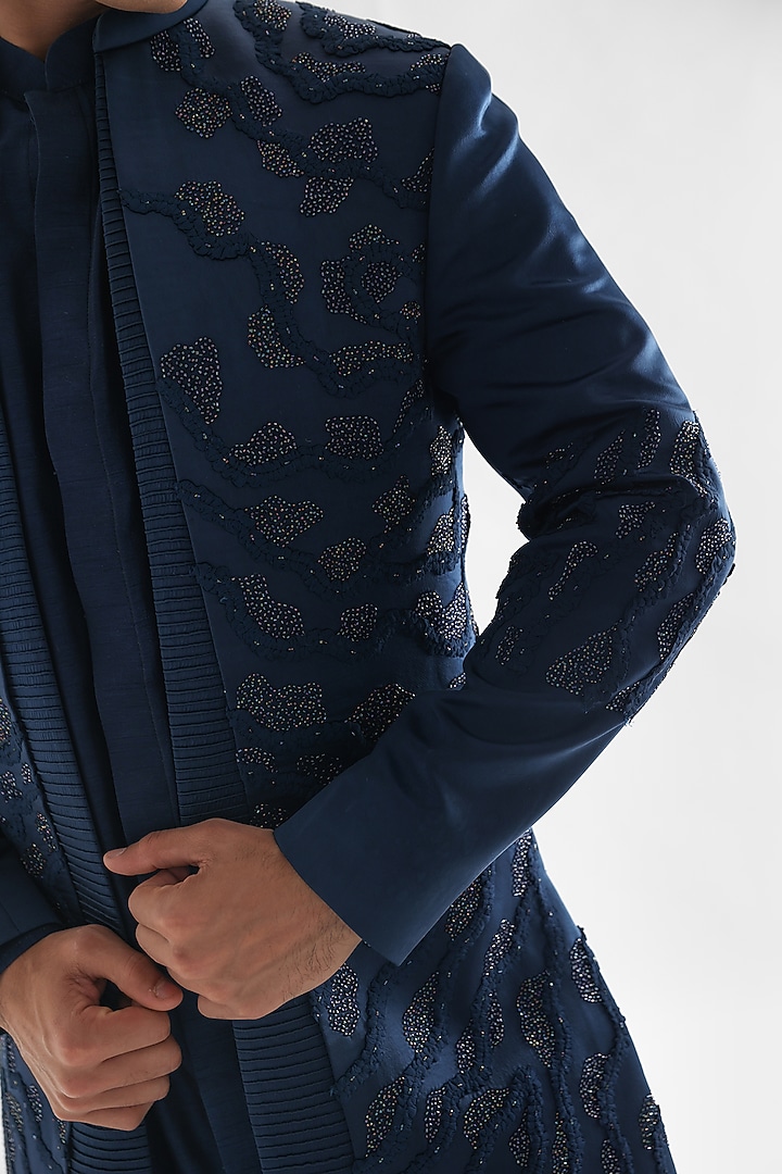 Blue Heavy Modal Satin Embroidered Wedding Indowestern Set by PAARSH at Pernia's Pop Up Shop
