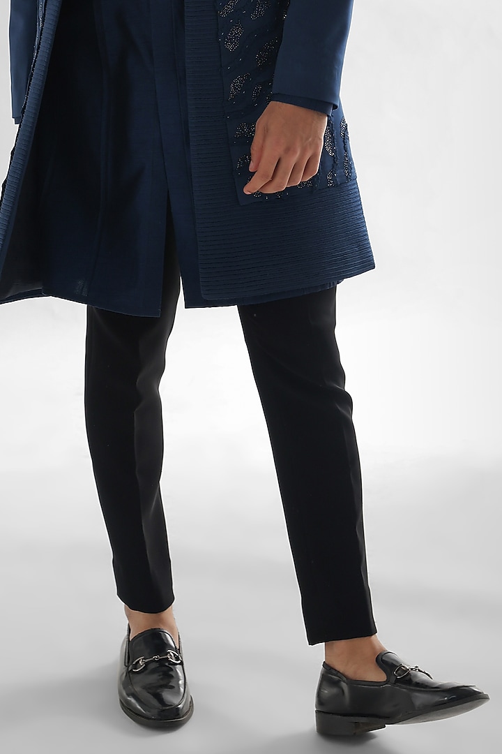 Blue Heavy Modal Satin Embroidered Wedding Indowestern Set by PAARSH at Pernia's Pop Up Shop