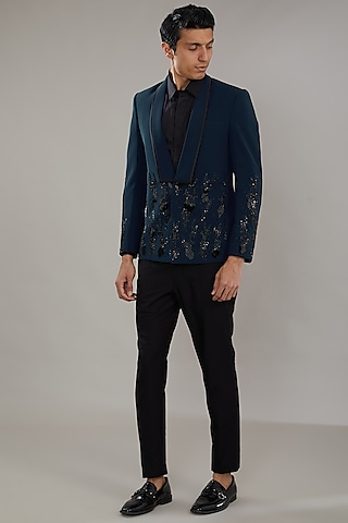 Blue Terry Cotton Embroidered Tuxedo Set by PAARSH