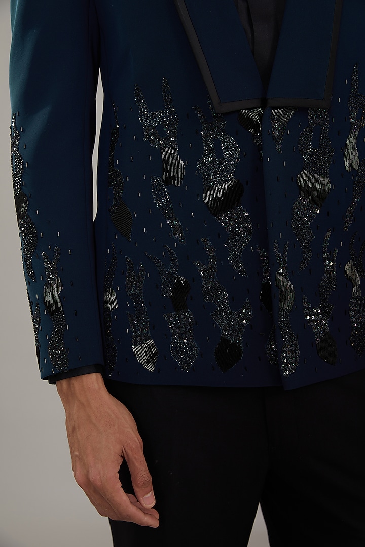Blue Terry Cotton Embroidered Tuxedo Set by PAARSH at Pernia's Pop Up Shop